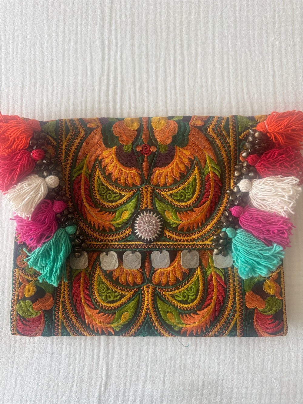 Hand Crafted Multicolor Tassel Clutch - Vibrant Orange & Green